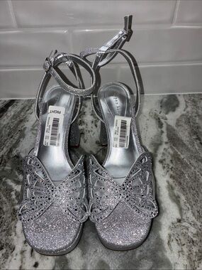 Silver Glitter Butterfly Heeled Sandals - Women by Copper Key.